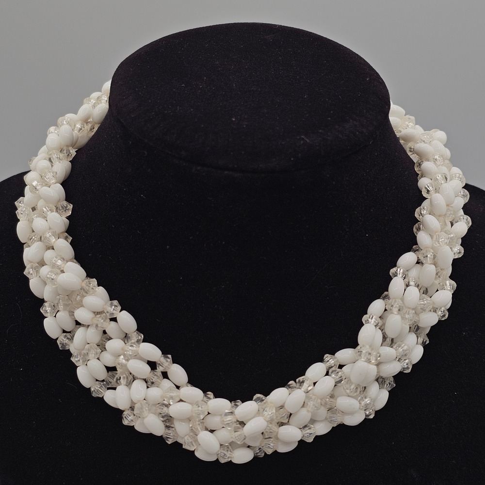 Vintage Germany Beaded Necklace 14" White Clear Glass Choker Multistrand